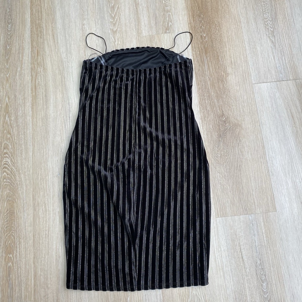 Olive Tree Y2K Black Velvet Striped Size L Mini Dress Metallic Silver Accents - Picture 8 of 9